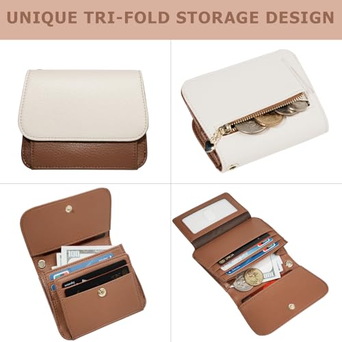 Image of Women Small Wallet RFID Blocking Slim Wallet with Coin Pocket Tri-Fold Credit Card Holder with ID Window and Keychain(Beige&Brown)