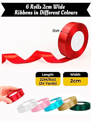 Cokeesun 6 Rolls Satin Ribbon 2cm, 22m/Roll Colors Gift Wrapping Ribbons, Fabric Polyester Ribbon for Crafting Wedding Hair Bows Cake Decoration (Green Red Light Blue Champagne Gold Pink White)