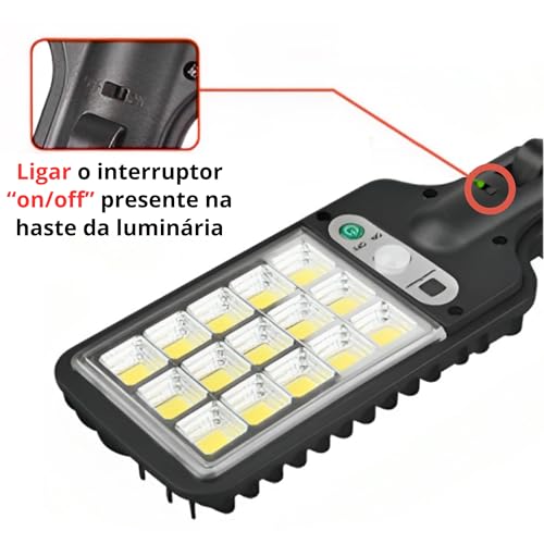 Luminária Solar Led Refletor 180 144 Smd Sensor presença fotocélula com Controle área externa Parede