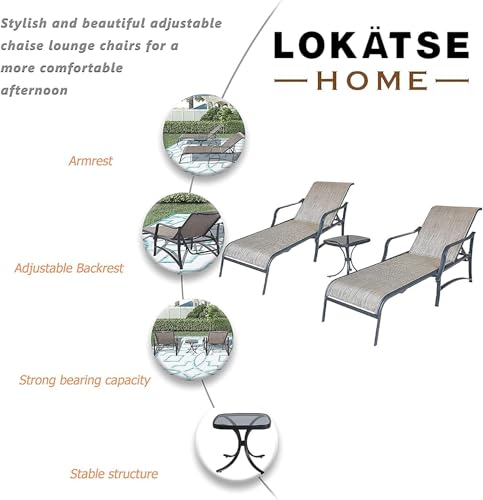 Image of LOKATSE HOME Adjustable Patio Chaise Lounge Set of 2, Outdoor Textiline Reclining Chairs with 1 Glass Top Bistro Table Sturdy Metal Frame for Backyard Porch Poolside, Grey