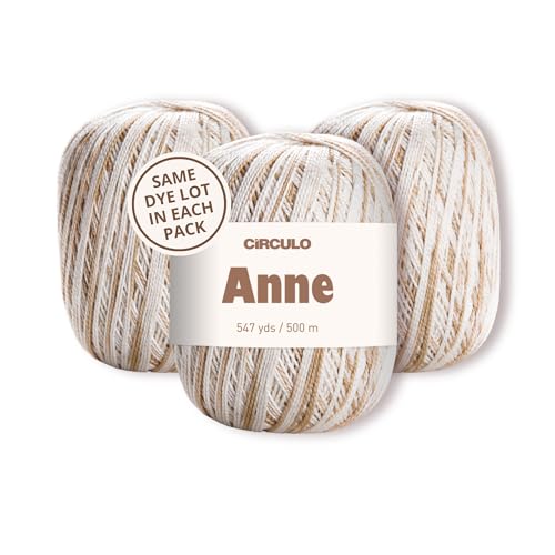 Image of CIRCULO Anne Yarn Pack, 1641 yds for Knitting & Crochet, 3 Balls of 100% Mercerized Brazilian Virgin Cotton, Soft Fingering Weight, Color 9900 Sand