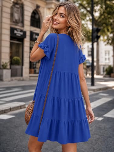 Image of Imysty Womens Boho Floral Ruffle Sleeve Babydoll Loose Flowy Casual Summer Pleated Mini Dress