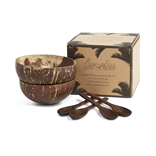 Coconut Bowls and Coconut Spoons Gift Set Set of 2 Coconut Bowls + 2 Wooden Spoons - 100% Natural - Vegan - Hand Made - Eco Friendly - Made from Reclaimed Coconut Shells - Bowls For Eating