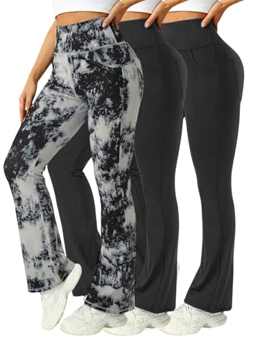 Mlenhor 3 Packs Womens High Waist Flare Pants-Flare Yoga PantsYoga Pants with Pockets - High Waist and Wide Leg (US Alpha X-Large Regular Regular 3 Pack Black + Black + Tie-dye Black)