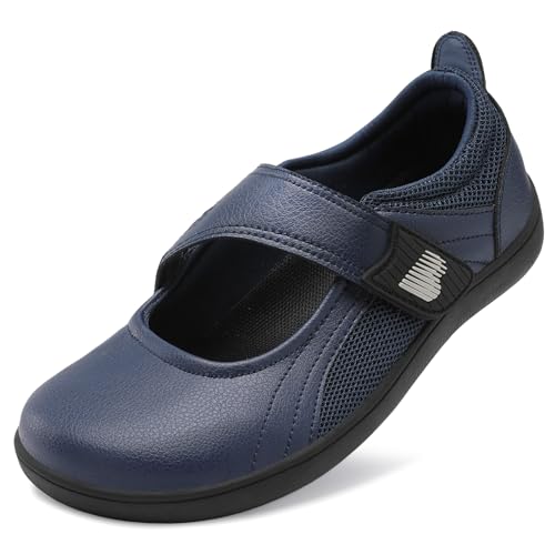 BARERUN Womens Walking Shoes Cozy Mary Jane Shoes Wide Toe Casual Navy Blue Dress Shoes for Women Adjustable Lightweight Breathable Barefoot Shoes Zero Drop Non Slip Daily Shoes Navy 9 Wide