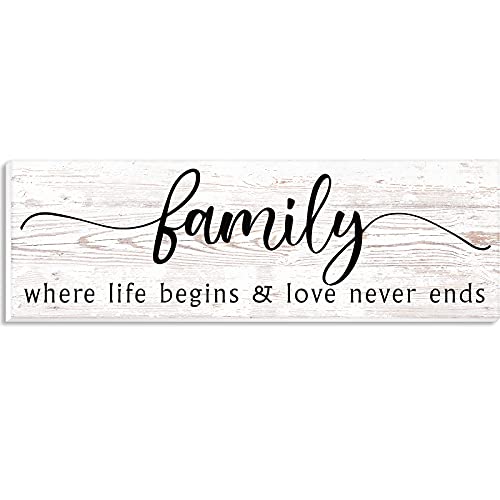 Family Wooden Wall Decor 15.7 x 5.1 Inch Where Life Begins - Love Never Ends Wall Plaque, Hanging Sign With Words, Rustic Home Decor