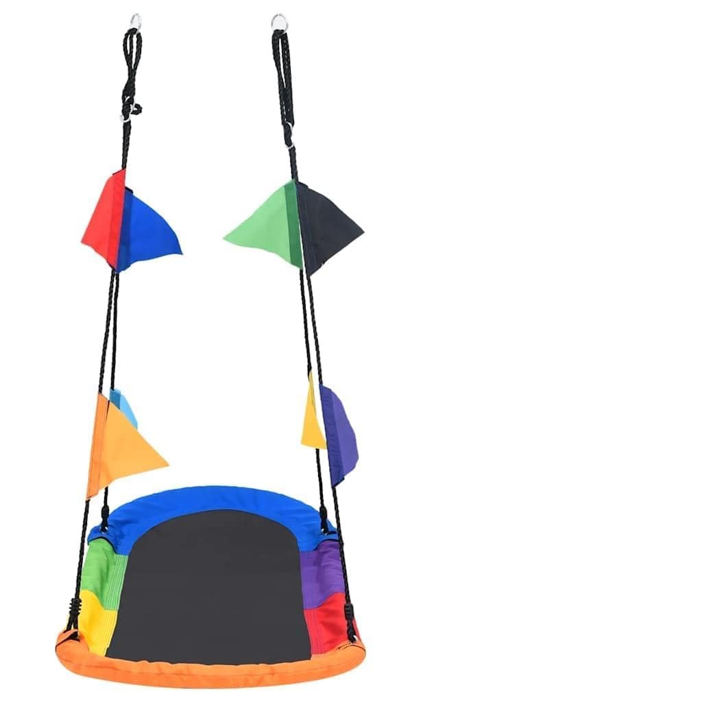 Columpio nido con banderas, 165 x 70 cm, marco de acero resistente a la intemperie, cuerda ajustable, asiento de columpio colorido de polipropileno, para jardín, exterior, niños, parque