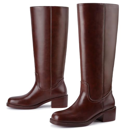 Image of Gothictor Women's Banana Knee High Boots Square Toe Chunky Block Heel Comfortable Low Heel Pull on Wide Calf Riding Long Boots for Women