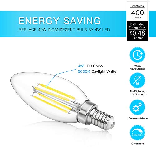 Maxvolador Dimmable E12 Candelabra Led Bulbs 40W Equivalent, Daylight White 5000K, 4W Filament Led Chandelier Light Bulbs, B11 Vintage Edison Clear Candle Lamp, Decorative Candelabra Base, Pack Of 12 #TOP2