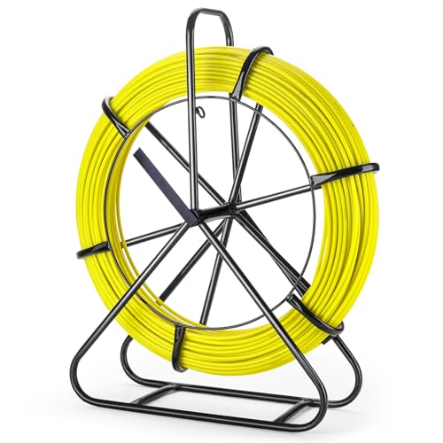 Fiberglass Fish Tape with Hand Brake 656FT x 1/4 (6mm) Duct Rodder Wire Puller with Steel Reel Stand & Guide Cage Flexible Cable Puller for Electrical Conduit Wall & Underground Wiring