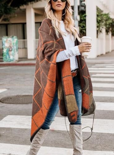 Image of Bestshe Women's Boho Open Front Poncho Plaid Shawl Wrap Cape