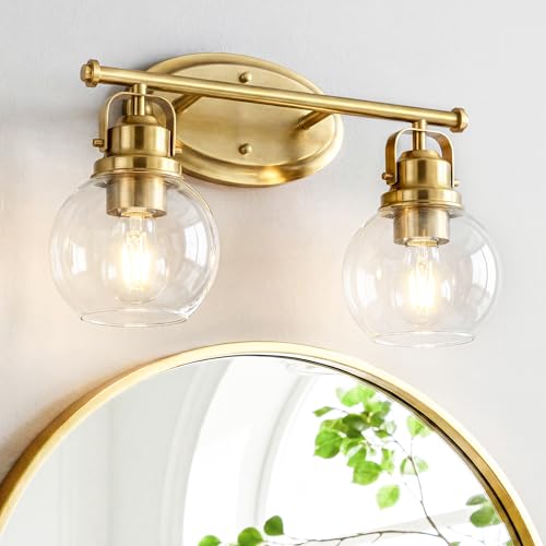 Image of Gold Bathroom Light Fixtures, 2-Light 14 inch Vanity Lights with Clear Globe Glass Shades, Farmhouse Vintage Vanity Lighting Fixtures Over Mirror, E26 Base, AD-2147-2W-BG
