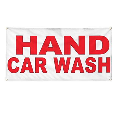 Vinyl Banner Multiple Sizes Hand Car Wash Red Automotive Outdoor Weatherproof Industrial Yard Signs 4 Grommets 24x48Inches