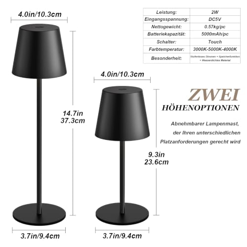 Tischlampe Kabellos LED, Akku Tischlampe für Outdoor Indoor (Schwarz) – Ansicht 7