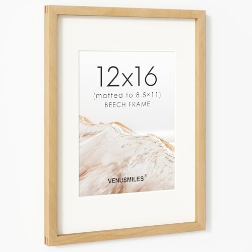 Image of 12x16 Picture Frame, USA-Sourced Natural Beech Wood Photo Collage Frame with HD Tempered Glass, Modern Simple 12 x 16 Wooden Frame Matted to 8.5x11, Vertical & Horizontal Wall Hanging Display