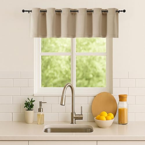 Image of Simplebrand Biscotti Beige Window Valance for Kitchen 14 Inches Long 2 Panels Set, Room Darkening Valance Curtains for Living Room, Short Privacy Kitchen Curtains for Bedroom Kids Room, 40Wx14L