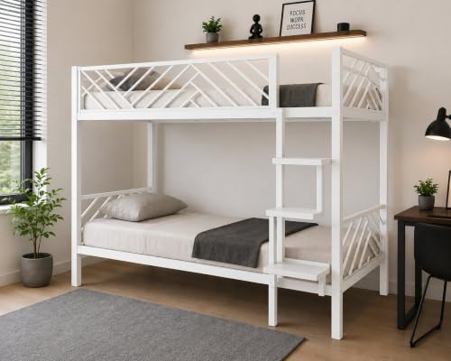 Image of Metal Bunk Bed Twin Over Twin with Ladder, Heavy Duty Steel Frame, Space Saving Kids & Adult Bunk Bed, Safety Guard Rails, Noise-Free, White, 74 x 36 x 60 Inches (White)