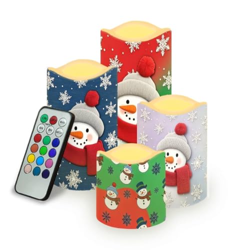 Image of Snowman Christmas Color Changing Electric Candles | Xmas Flameless Candle Set with Remote Control, Battery Operated Fake Candles for Kitchen Room Home Decor, 4 Pack