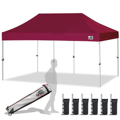 Eurmax USA 10x20ft Pop Up Canopy, Commercial Instant Tent for Outdoor Events, Patented No-Tip Rolling Storage Bag with 6 Sandbags,UV & Water Resistant,Heavy Duty Portable Shelter Gazebo,Burgundy