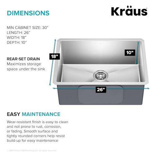KRAUS Standart PRO 26-inch 16 Gauge Undermount Single Bowl Stainless Steel Kitchen Sink, KHU100-26 - image 6