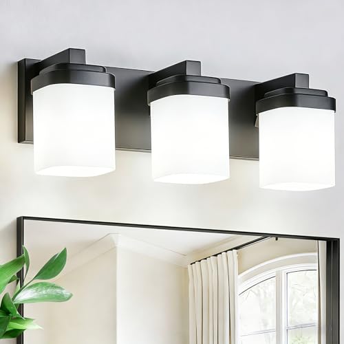Image of 17 Inches Bathroom Vanity Light, 3-Light Black Bathroom Light Fixtures Over Mirror, Bathroom Light Shower Lamp with Milky White Square Glass Shade, Modern Farmhouse Lighting Fixtures