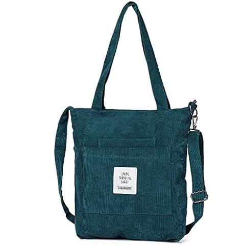BULGILIA Women's Cord Shopping Bag, Casual Tote Handbag, Women's Shoulder Bag with Pockets (Dark Green), Green, 14.6 inches Cover