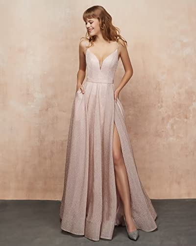 Image of Women's Glittery Spaghetti V-Neck Prom Dresses Long A Line Bridesmaid Dresses Side Split Formal Evening Gowns Red,US14