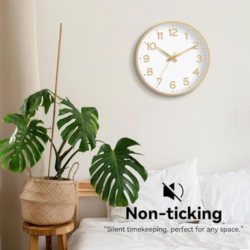 Image of Roymnie Wall Clock 12 Inch Silent Wall Clocks Battery Operated-Modern Non Ticking Analog Clock Decorative for Kitchen Bedroom Office (White Gold)