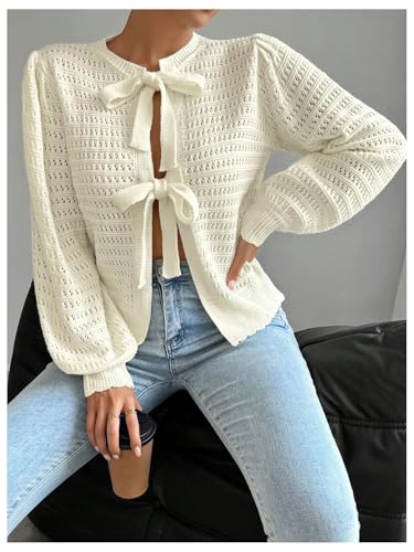 Image of Milumia Women's Tie Up Bishop Long Sleeve Cardigan Hollow Out Knit Sweater Tops Apricot Large