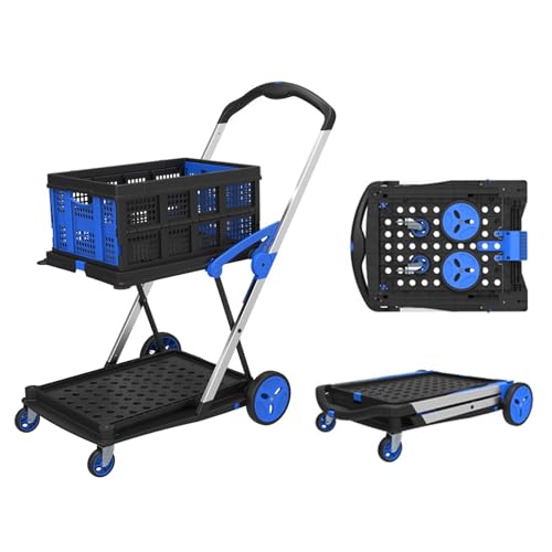 ZXZMX 台車 平台車 折りたたみ式バスケット付き ポータブル 軽量 コンパクト 省スペース 二重層 底に車輪付き 調節可能なハンドル 上部耐荷重40kg 下部耐荷重50kg 車載用 アウトドア用 スーパーマーケット用 ショッピング用