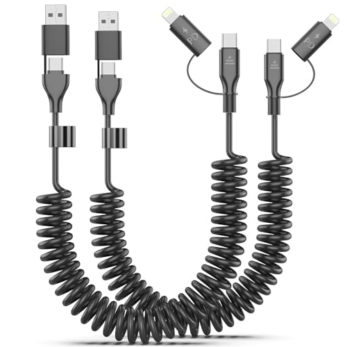 Zwijany kabel USB do ładowania 4 w 1, 60 W, 3 A, kabel Carplay do szybkiego ładowania, kabel USB C, Light-ning, kompatybilny z iPhone'em, Samsungiem, MacBookiem, iPadem, 2 szt., czarny