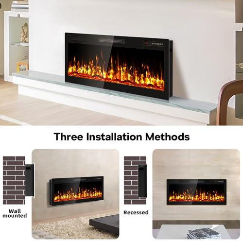 Eueiriup 42" Electric Fireplace Recessed Wall Mounted Wide Screen Ultra Narrow Bezel Frame HD Flame Effect Logs Fuel Bed Modern Fire Places with Remote Control 750/1500W