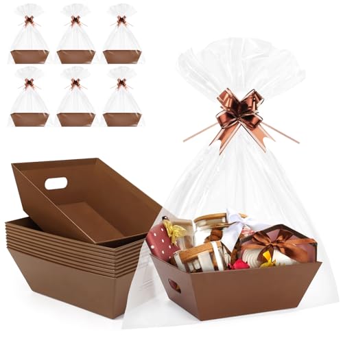 AFOROEOA 10PACK Baskets for Gifts Empty 10x12Thick Brown Gift Basket with Handles 10 Bows 10 Bags Empty Gift Baskets for Christmas Thanksgiving Wedding Birthday Party Wrapping Gift