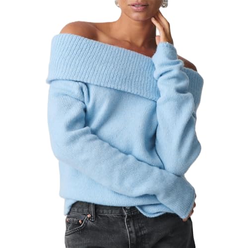 Image of Women Off The Shoulder Sweater Y2k Long Sleeve Boat Neck Knit Cropped Pullover Tops Fall Trendy Going Out Streetwear