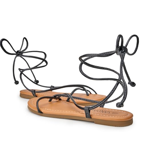 Image of SANDALUP Sandals Women Sandals For Women Lace Up Strappy Tie Up Gladiator Open Toe Flat Sandals Ankle Wrap Summer Comfortable Casual Dressy Beach Vacation Walking Cute Shoes