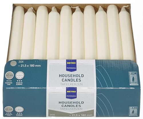 METRO Professional Tafelkerzen, Paraffin, 2.15 x 18 cm, ca. 6 Std., elfenbein, 30 Stück