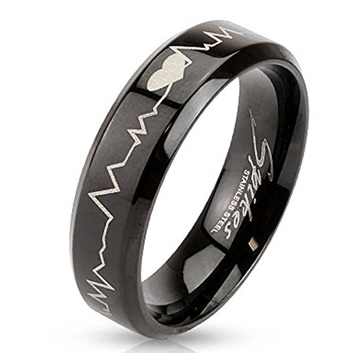 STR-0123 Stainless Steel Black IP with Heartbeat Laser Etched Band Ring (8)