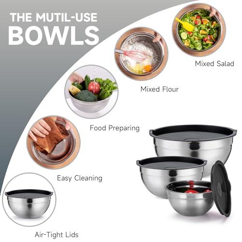 Strelitsia® Mixing Bowls Set of 5,Stainless steel Nesting Bowls with Airtight Lids,Size 5, 4, 3.5, 2, 1.5QT for Baking,Cooking,Prepping and Saving Food,Black - Image 4