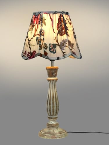 Image of Green Girgit Wooden Distress White Athens Lamp with Pleeted Multicolor Red Floral Lotus Shape Lamp Shade