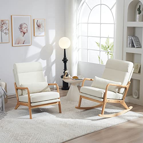 Lestar Rocking Chair Upholstered Fabric Rocking Armchair Indoor With High Backrest Glider Chairs And Lumbar Pillow For Living Room (Beige) #TOP3