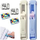 Binder Clip Tacker, Tragbarer Binder-Clip-Tacker Inklusive 100 Wiederverwendbaren Clips, Nachfüllbares Büroheftgerät-Set, Handheld-Papiermuschelklammer-Spender, Mini Push Hefter Set (2-Weiß+Blau)