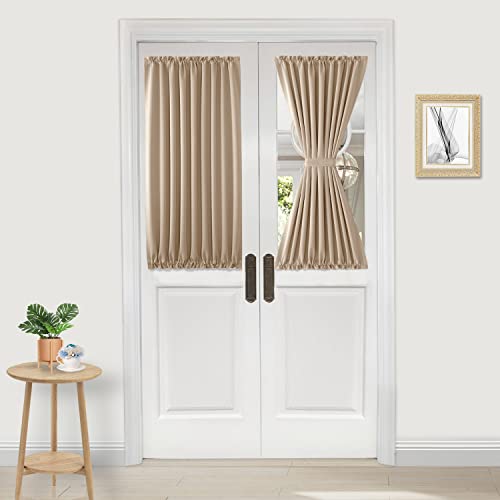 Image of DWCN French Door Curtains - Rod Pocket Thermal Blackout Curtain for Doors with Glass Window, Kitchen and Patio Doors for Privacy, 25 X 40 Inches Long, 1 Curtain Panel with Tieback, Beige