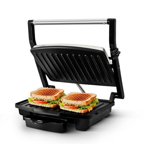 Impex Non Stick Grill Sandwich Maker 1000 Watts With Floating Hinges | Automatic Temperature Cut-Off With LED Indicator | 90° Openable Plates | Panini Maker/Grill/Toast | 1 Year Warranty, Black