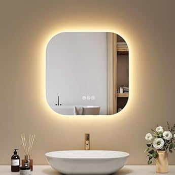 Foto di EMKE Specchio da bagno con illuminazione 50x50 cm, Anti-Appannamento, 3 colori di luce regolabili, luminosità regolabile, funzione memoria, risparmio energetico, Specchio LED Quadrato