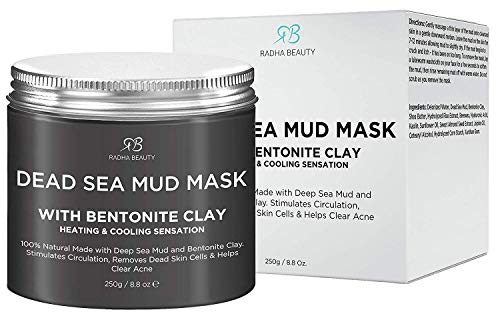 Radha Beauty Dead Sea Mud Mask With Bentonite Clay For Face & Body 8.8 Oz - 100% Natural Formula To Treat Acne, Pores, Blackheads & Oily Skin - Heating & Cooling Sensation #TOP3