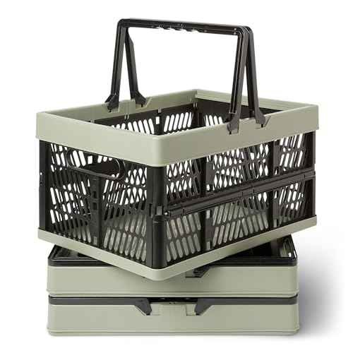 Amazon Basics Collapsible Plastic Grocery Shopping Baskets with Ergonomic Handles, Stackable, 6.6 Gallon Capacity, Green, 3 Pack by Amazon Basics - Used condition - US$34.49