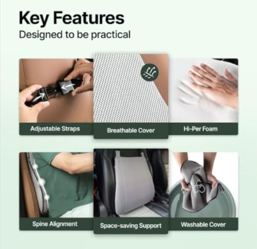Image of HOMBOX Car Backrest Memory Foam Lumbar Support Cushion for Car Seat | Orthopedic Lower Back Support Pillow | Ergonomic Back Cushion for Driving, Office Chair & Home | Breathable Washable Cover I Grey