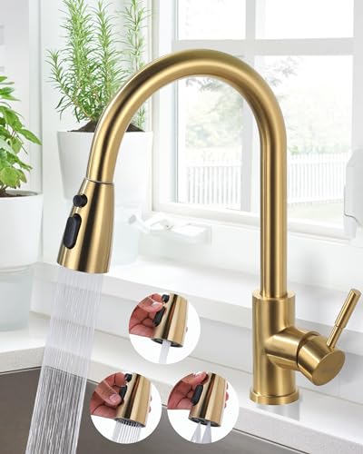 ARCORA robinet extensible haute pression cuisine pivotant à 360° en acier inoxydable avec cartouche en céramique anti-fuite 3 types de jet Doré