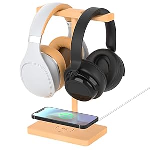 Headphone Stand Wood for Desk with Wireless Charger Gaming Headset Stand Holds Dual Universal VR Headset and Smart Watch,Support 15W Fast Charging, Type-C Cord Included, Beech