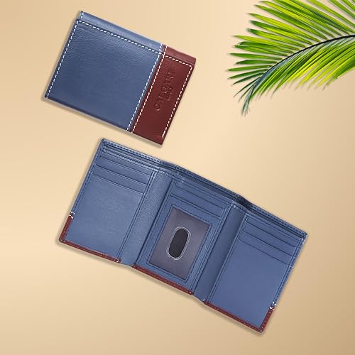 Image of Genuine Italian Leather Trifold Wallet for Men, RFID Blocking, 8 Card Slots, 2 Cash Compartments, Minimalist Billfold with Multiple Card Slots and Cash Storage, ID Window, Cognac Blue Leather